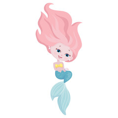 Cartoon little mermaid holding a white pearl, vector graphics isolated on white background.