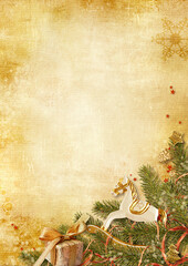 Christmas background. Holiday vintage card with  Christmas decorations   and rocking horse. Copy space