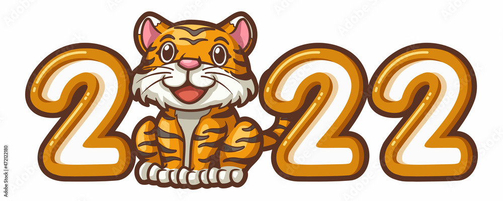 Wall mural cartoon font for the year 2022. in the zero position, there is a cartoon tiger. as a decoration for 