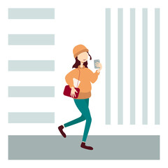 The girl walks with a phone in her hand and a bag on her shoulder