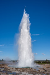 Impressive view of Icelands Geysir Geisir in the Golden Circule, the geothermal activity and a...