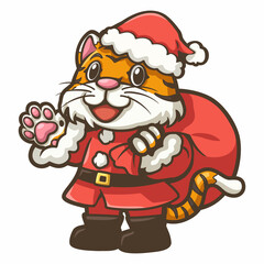 Cartoon illustration of a cute tiger dressed as Santa Claus and holding a large gift bag. It can be used as part of the overall design.