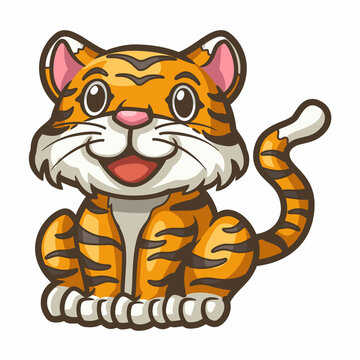 Cartoon illustration of a cute tiger sitting and smiling. It can be used as part of the overall design.
