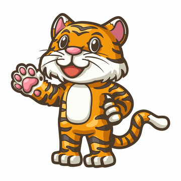 Waving hello is a cute tiger cartoon illustration. It can be used as part of the overall design.