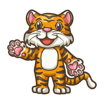 Standing waving hello, a cute tiger cartoon illustration. It can be used as part of the overall design.