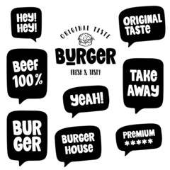 Burger house bubble text, vector illustration words. Doodle vector with short message for restauran, bistro, Burger house.