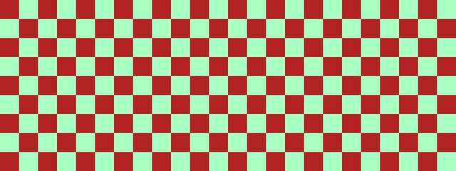 Checkerboard banner. Mint and Firebrick colors of checkerboard. Small squares, small cells. Chessboard, checkerboard texture. Squares pattern. Background.