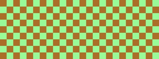 Checkerboard banner. Pale Green and Brown colors of checkerboard. Small squares, small cells. Chessboard, checkerboard texture. Squares pattern. Background.