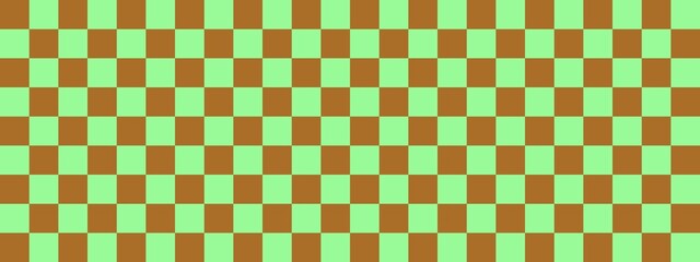 Checkerboard banner. Pale Green and Brown colors of checkerboard. Small squares, small cells. Chessboard, checkerboard texture. Squares pattern. Background.