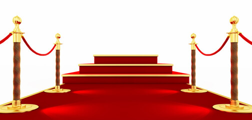 3d render of Red carpet and path barriers, high podium with stairs and red carpet and lights projectors.