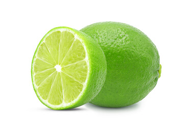 Whole and slice of fresh lime fruit isolated on white background. 