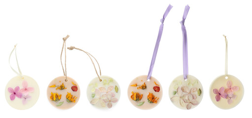 Beautiful scented sachets with dried flowers on white background, collage. Banner design