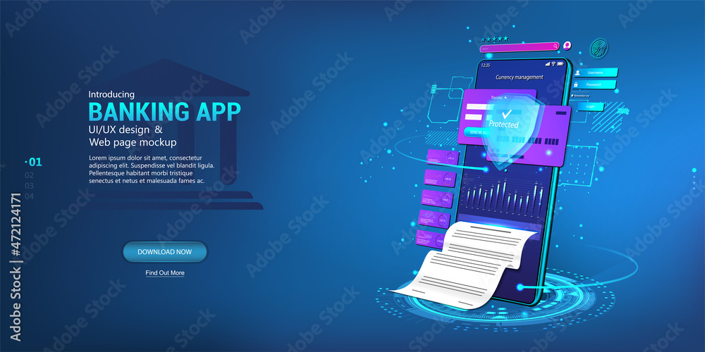 Poster Online banking and wallet app with e-payment, documentation and receipts on smartphone App. Smart wallet with credit and debit banking cart. Futuristic smartphone with E-payment screen. Vector banner