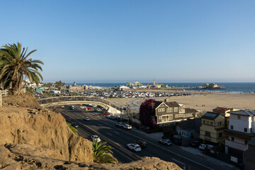 Santa Monica, USA - 10 August 2021: Scenery of Santa Monica. Beach, mountains and highway