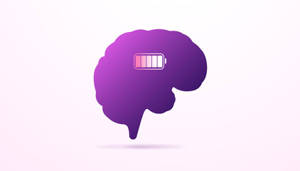 Vector illustration with charging mental battery concept. Human brain silhouette with loading symbol on light backdrop