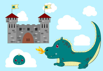 Set of isolated illustrations includes: medieval castle, dragon spitting fire, little cute dragon face on a sky full of clouds. Good as one illustration or as separate elements. Good for story telling