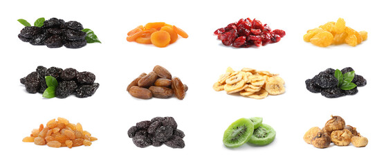 Set with different tasty dried fruits on white background. Banner design