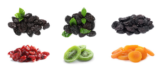 Set with different tasty dried fruits on white background. Banner design