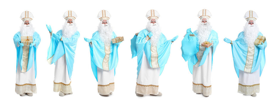 Collage with photos of Saint Nicholas on white background. Banner design