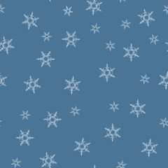 Fototapeta na wymiar Microscope snowflakes white on light blue seamless pattern