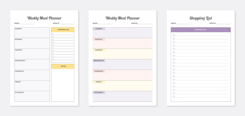 Weekly meal planner. 3 set of weekly meal planners. weekly meal planner pages design collection set of template.