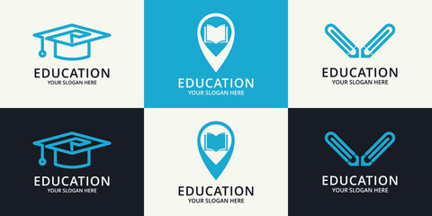 graduation hat book location pencil logo for education inspiration logo