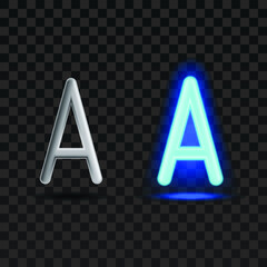 Realistic letter A neon style on and off vector illustration