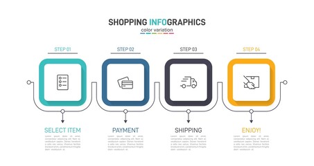 Concept of shopping process with 4 successive steps. Four colorful graphic elements. Timeline design for brochure, presentation, web site. Infographic design layout.