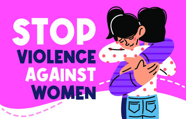 Stop violence against women flat vector illustration, women hugging each other
