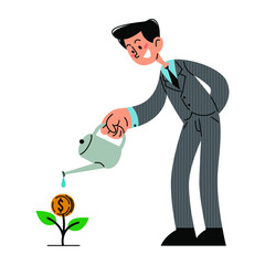 Businessman watering money plant flat vector illustration