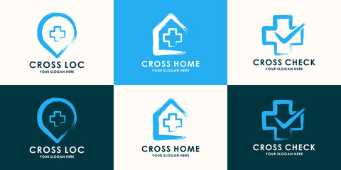 cross medical house location combined brush stroke concept for health pharmacy inspiration logo