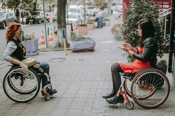 Two girls in wheelchairs travel through the central streets. Friends with  special needs...