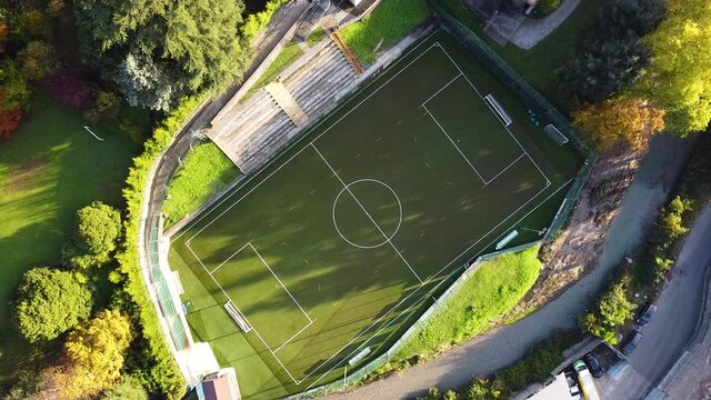 Empty soccer field, drone shot from above, pandemic