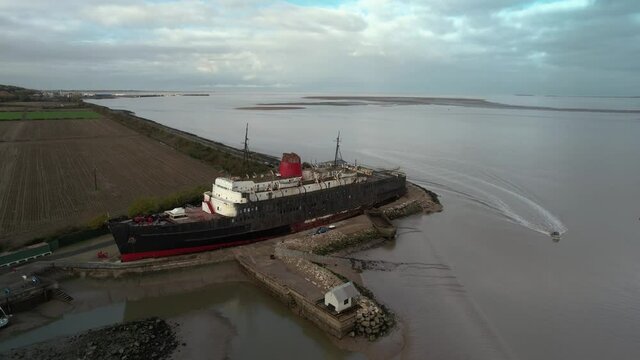 Abandoned vessel of TSS Duke of Lancaster, aerial ascend view