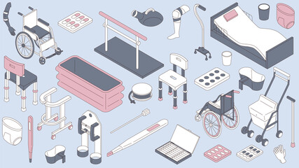 シニアや介護に使われるグッズのアイソメイラストのセット