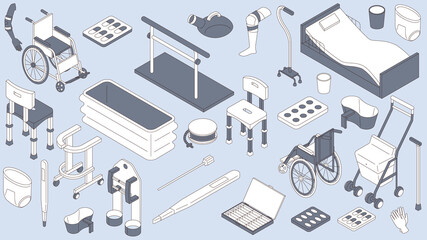 シニアや介護に使われるグッズのアイソメイラストのセット