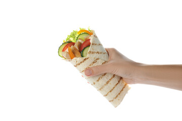 Woman holding tasty chicken shawarma on white background, closeup