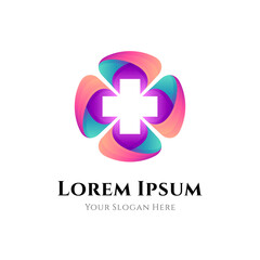 Fototapeta na wymiar Medical health care logo with medical cross icon combination flower or leaf shape