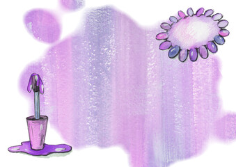 Manicure elements on Watercolor paint abstract multicolored gradient Background. Light purple and lilac blob and Spot texture. Watercolour circle palette and make-up brush