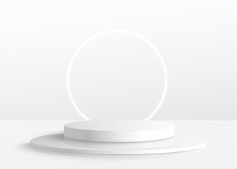 Cosmetic background podium. minimal scene with geometrical forms. Cylinder podium in grey background with light on stand. Scene to show cosmetic product, Showcase. 3d vector render for product display