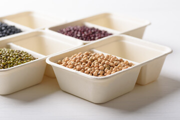 Soybeans in compostable cardboard boxes are eco-friendly concepts and are mainly used as a plant-based ingredient in vegetarian, healthy food.