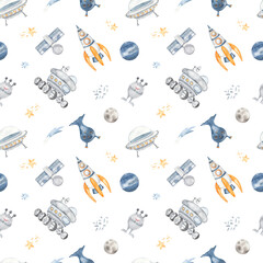 Watercolor seamless pattern space with flying saucer, rocket, satellite, lunar rover, aliens, stars, planets on a white background © MarinaErmakova