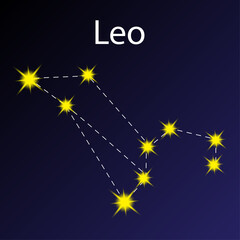 Leo constellation. Dark blue background. Horoscope symbol. Abstract art. Cosmic space. Vector illustration. Stock image. 