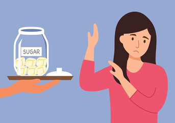 Woman gesture hand refuse to sweet in flat design. Sugar free. No sugar concept.