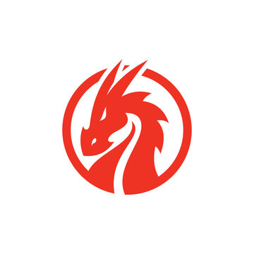 Dragon head silhouette and circle badge logo illustration. Dragon mascot vector icon