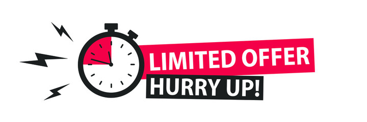 Red limited offer hurry up with clock for promotion, banner, price. Label countdown of time for offer sale or exclusive deal.Alarm clock - obrazy, fototapety, plakaty