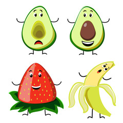 Characters with emotions avocados, strawberry, and banana isolated on white in vector graphic 