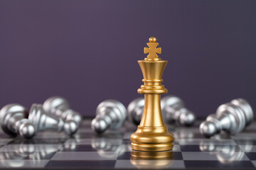 golden king chess and fallen silver pawn chess on chessboard. 