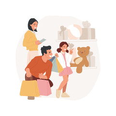 Shopping wish list isolated cartoon vector illustration. Happy child pointing at a toy in a shop window, mom holding a paper with wish list, family shopping time, buying gifts cartoon vector.
