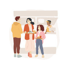 Food court lineup isolated cartoon vector illustration. People waiting in line with trays, shopping mall food court, lunchtime, family spending weekend in commercial center cartoon vector.